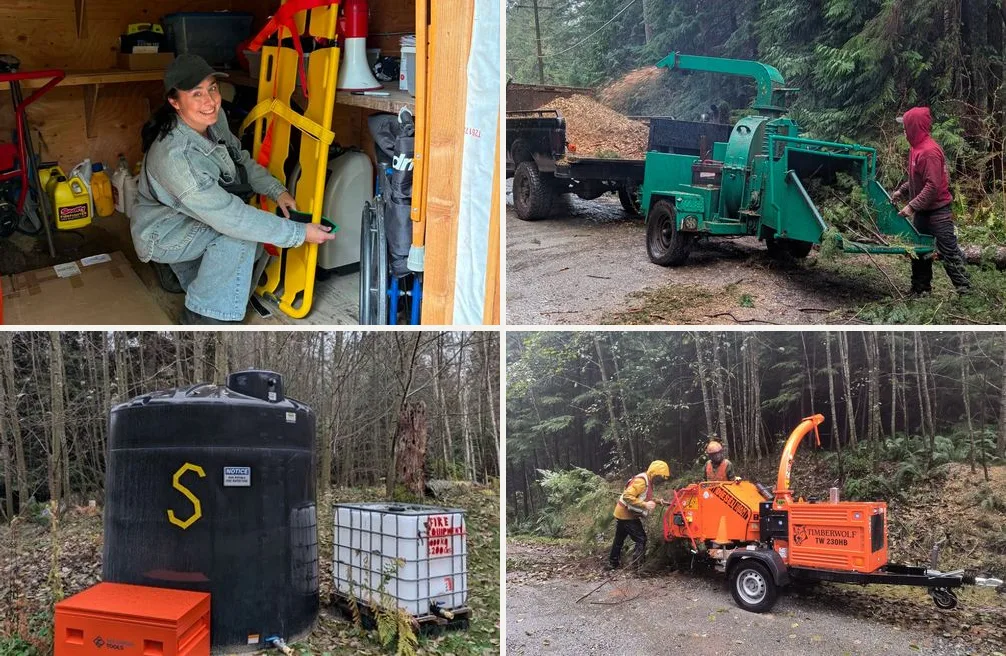 REDIP-funded emergency and safety projects on Gambier: a volunteer checking a rescue stretcher kit in a storage shed, wood chippers clearing brush along a forest road, and a large water tank with fire equipment