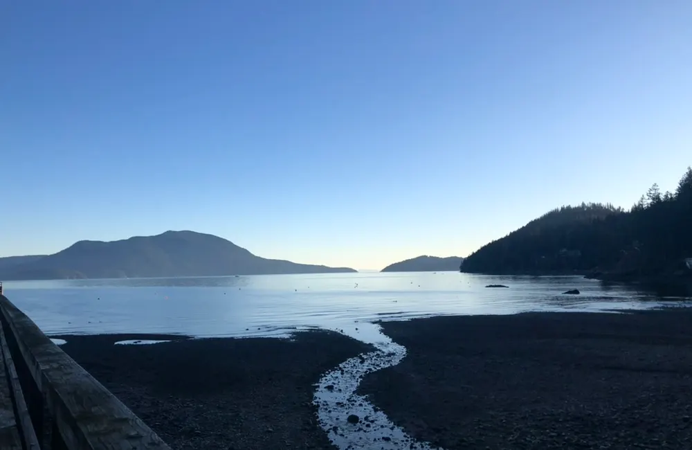 Low tide at a calm Gambier Island estuary at dusk, with mountains across the water